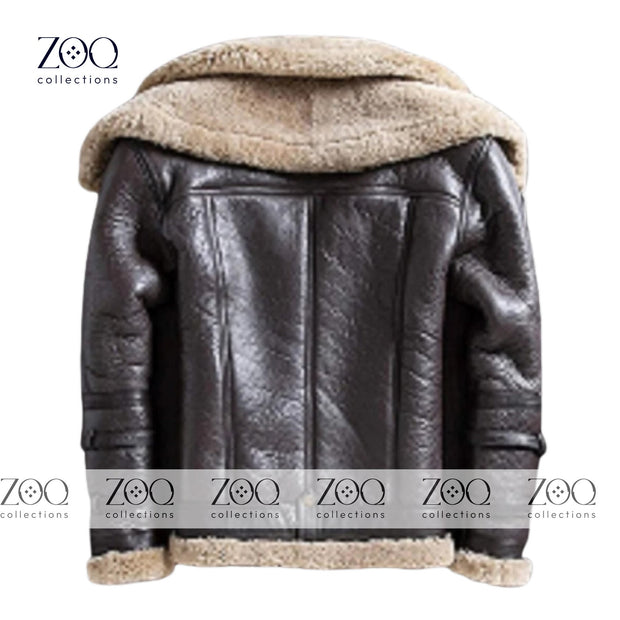 Winter Warm Real Sheep Shearling Fur Lining Bomber Leather Jacket - Premium Quality Brown Bomber Jacket for Men. - ZOQ Leather