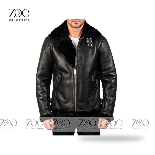 Men's Leather Jacket with Sheepskin Fur Shearling in Black leather with Black fur - ZOQ Leather