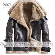 Winter Warm Real Sheep Shearling Fur Lining Bomber Leather Jacket - Premium Quality Brown Bomber Jacket for Men. - ZOQ Leather