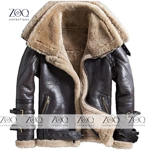Winter Warm Real Sheep Shearling Fur Lining Bomber Leather Jacket - Premium Quality Brown Bomber Jacket for Men. - ZOQ Leather