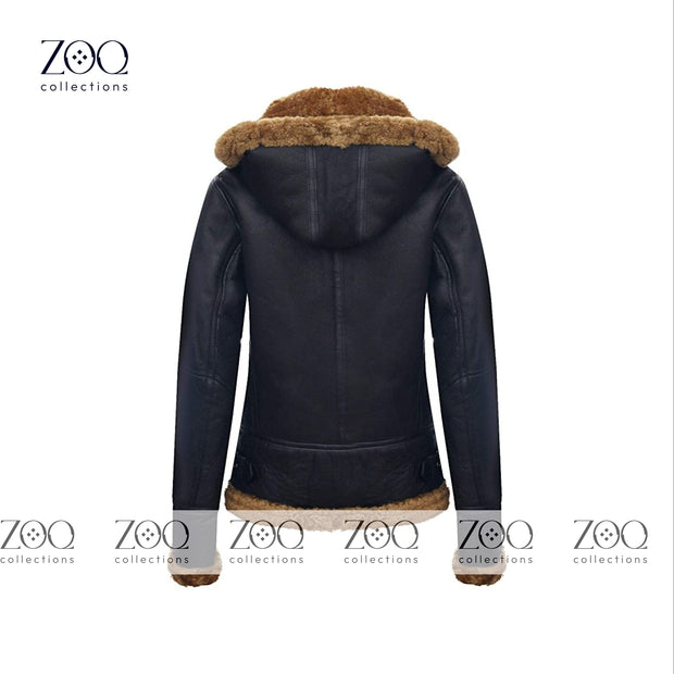 Brown Vintage Fur Shearling Warm Leather Jacket for Women in Black Leather B3 Bomber Coat Aviator Flight Pilot Coats - ZOQ Leather