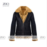 Brown Vintage Fur Shearling Warm Leather Jacket for Women in Black Leather B3 Bomber Coat Aviator Flight Pilot Coats - ZOQ Leather