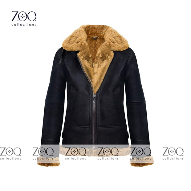Brown Vintage Fur Shearling Warm Leather Jacket for Women in Black Leather B3 Bomber Coat Aviator Flight Pilot Coats - ZOQ Leather
