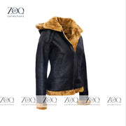 Brown Vintage Fur Shearling Warm Leather Jacket for Women in Black Leather B3 Bomber Coat Aviator Flight Pilot Coats - ZOQ Leather