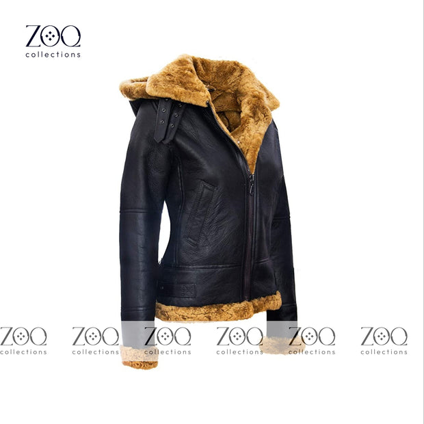 Brown Vintage Fur Shearling Warm Leather Jacket for Women in Black Leather B3 Bomber Coat Aviator Flight Pilot Coats - ZOQ Leather