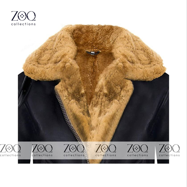 Brown Vintage Fur Shearling Warm Leather Jacket for Women in Black Leather B3 Bomber Coat Aviator Flight Pilot Coats - ZOQ Leather
