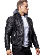 Stylish Black Sheepskin Leather Bomber Jacket for Men With Detachable Hood - ZOQ Leather
