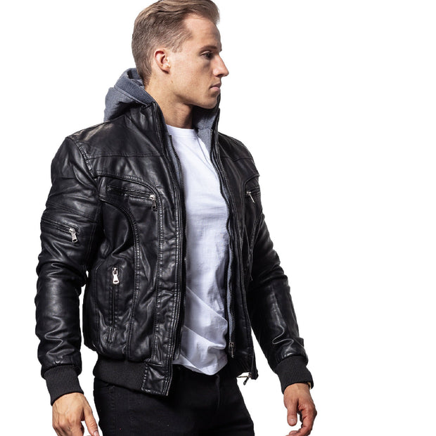 Stylish Black Sheepskin Leather Bomber Jacket for Men With Detachable Hood - ZOQ Leather