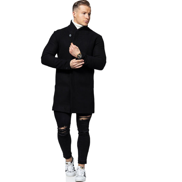 Classic Style Men's Black Slim Fit Wool Trench Coat - Short Length - ZOQ Leather