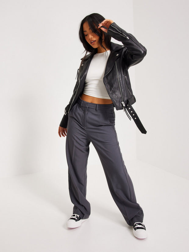 Women's Short Body Black Biker Sheepskin Leather Jacket with Waist Belt - ZOQ Leather