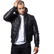 Stylish Black Sheepskin Leather Bomber Jacket for Men With Detachable Hood - ZOQ Leather