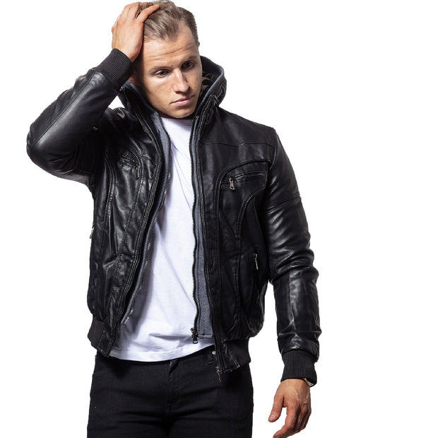 Stylish Black Sheepskin Leather Bomber Jacket for Men With Detachable Hood - ZOQ Leather