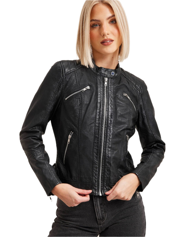 Women's Black  Short Body Slim Fit Cafe Racer Lambskin Leather Jacket - Design for Style and Comfort - ZOQ Leather
