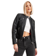 Women's Black  Short Body Slim Fit Cafe Racer Lambskin Leather Jacket - Design for Style and Comfort - ZOQ Leather