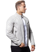 Light Grey Cafe Racer Suede Sheepskin Leather Jacket - ZOQ Leather