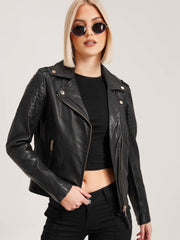 Women's Black Lambskin Leather Moto Jacket - ZOQ Leather