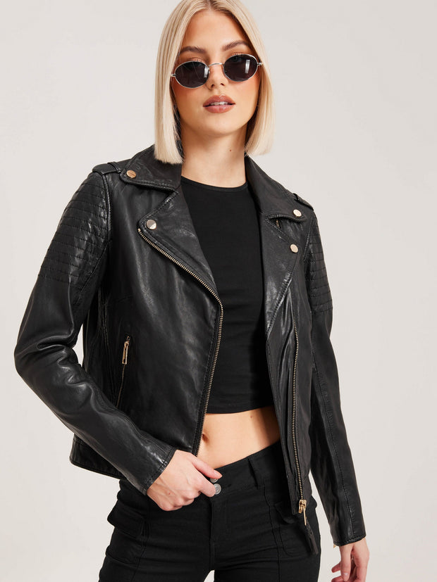 Women's Black Lambskin Leather Moto Jacket - ZOQ Leather