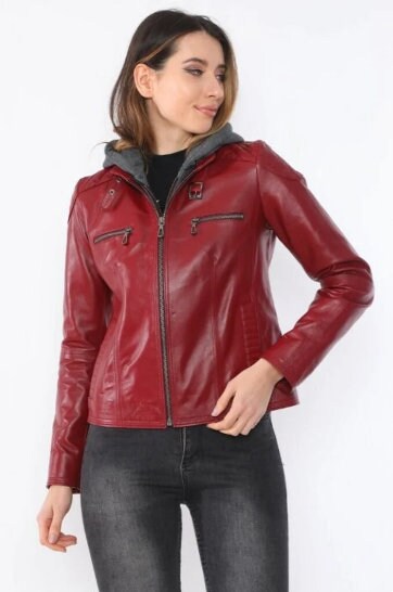 womens leather jacket, hooded leather jacket for women - ZOQ Leather
