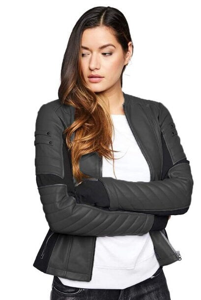 Leather Jacket for Women/ Genuine lamb Leather in Black leather and elastane fabric composition/ black and sky blue leather shades - ZOQ Leather