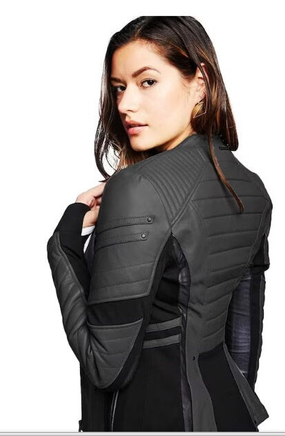 Leather Jacket for Women/ Genuine lamb Leather in Black leather and elastane fabric composition/ black and sky blue leather shades - ZOQ Leather