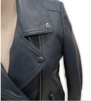 Womens Leather Jacket / Navy Blue Leather Jacket for women /Long Leather Jacket/ Biker Jacket/ Varsity Jacket - ZOQ Leather