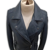 Womens Leather Jacket / Navy Blue Leather Jacket for women /Long Leather Jacket/ Biker Jacket/ Varsity Jacket - ZOQ Leather