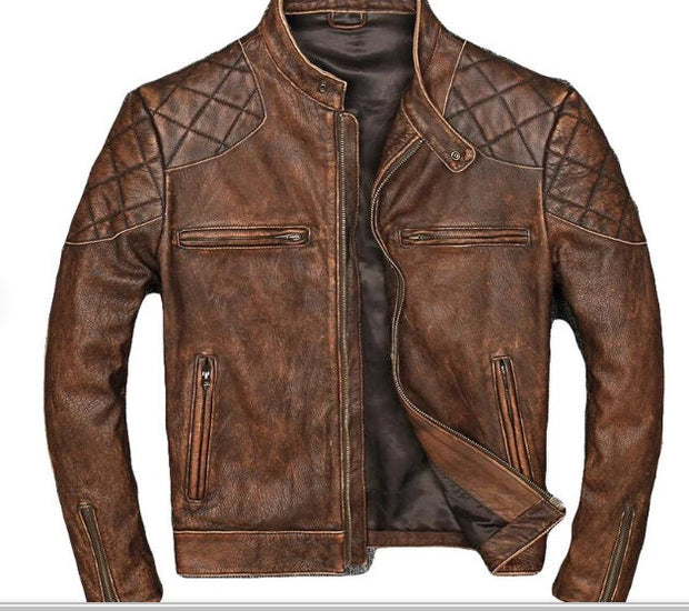 Men's Motorcycle Diamond Classic Brown Slim Fit Biker Leather Jacket - ZOQ Leather