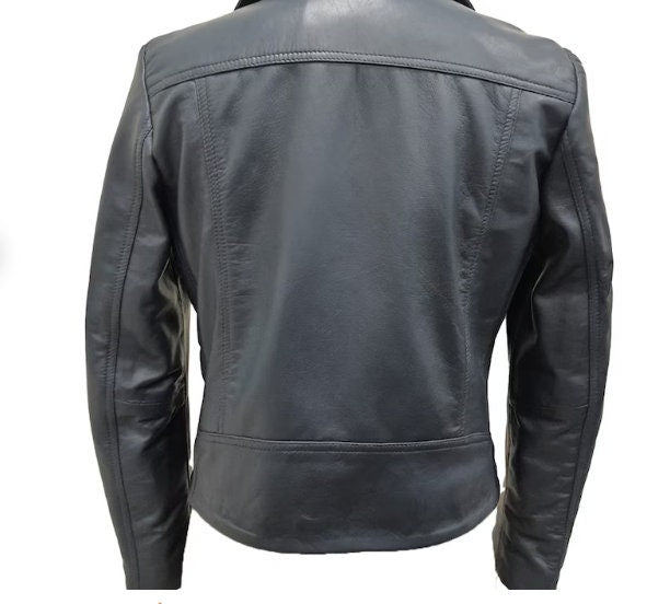 Womens Leather Jacket / Navy Blue Leather Jacket for women /Long Leather Jacket/ Biker Jacket/ Varsity Jacket - ZOQ Leather